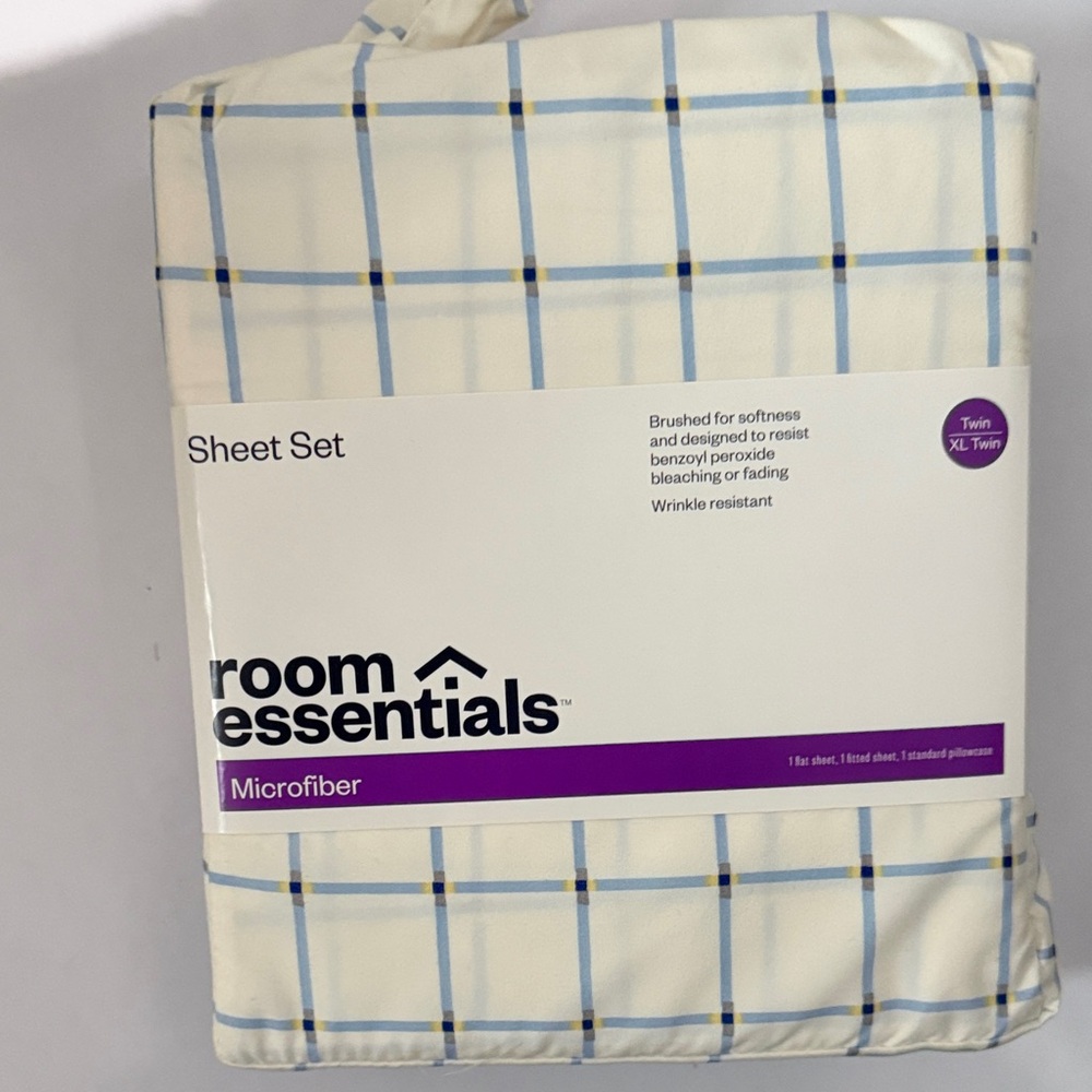 NWTRoom Essentials Cream Plaid Microfiber Sheet Set with Blue and Yellow Accents